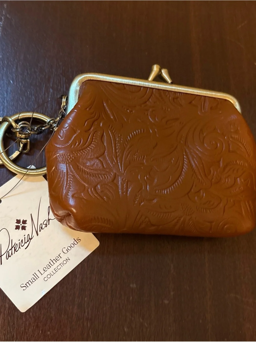 Patricia Nash Tan Floral Embossed Leather Kisslock Coin Wallet with Keyring